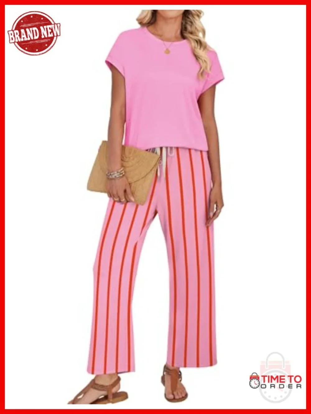 Two Piece Lounge Set Cap Sleeve Top Wide Leg Pants Beach Vacation Travel